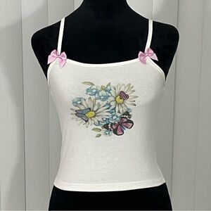 SUGAR THRILLZ Pastoral Paradise Floral Flower Butterfly Print Graphic Tank S